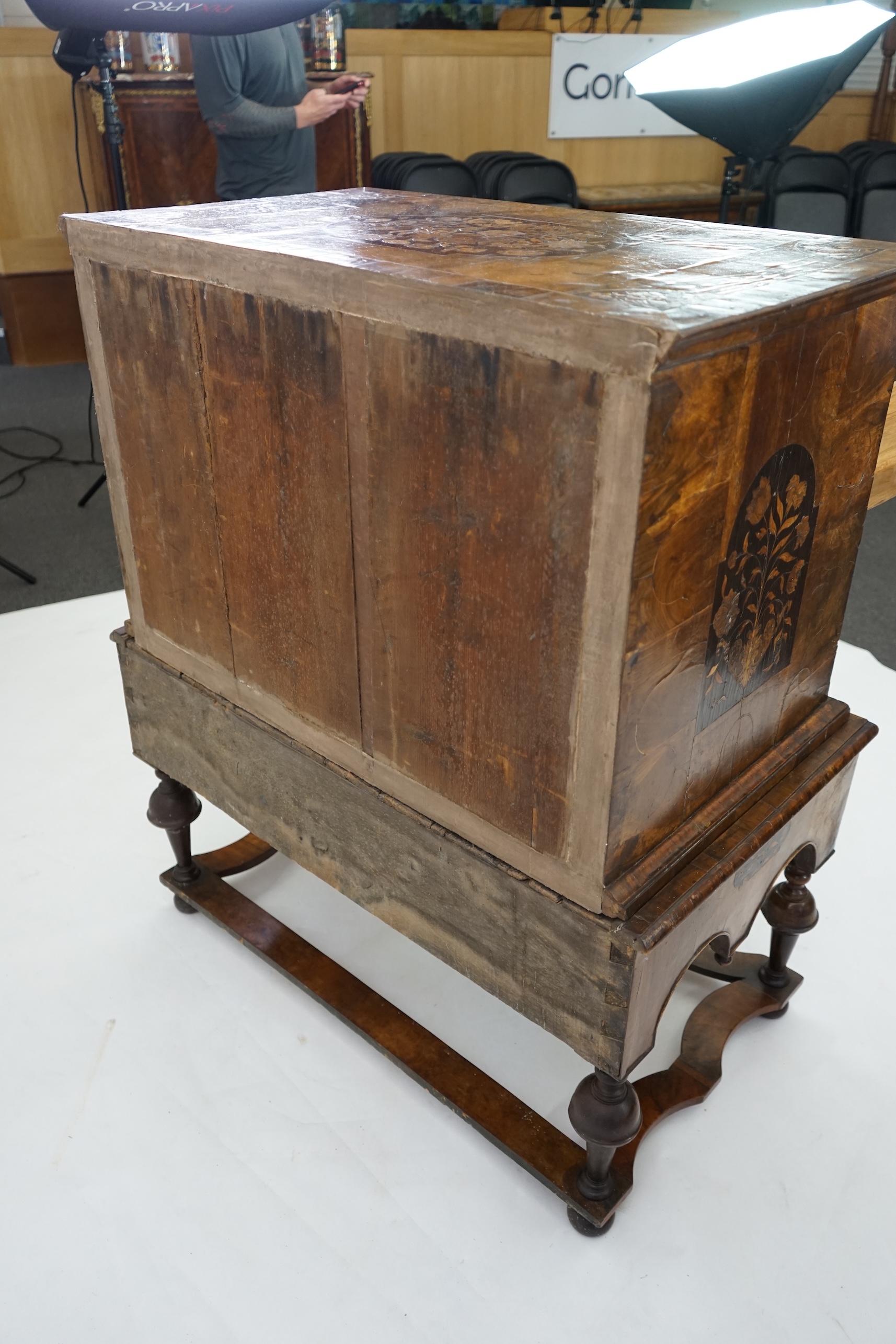 A William and Mary walnut and marquetry chest on stand